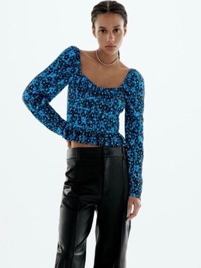 Zara Blue and Black Floral Square-Neck Top